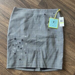 CeCe Gray Plaid Pencil Skirt with Subtle Embroidered Accents